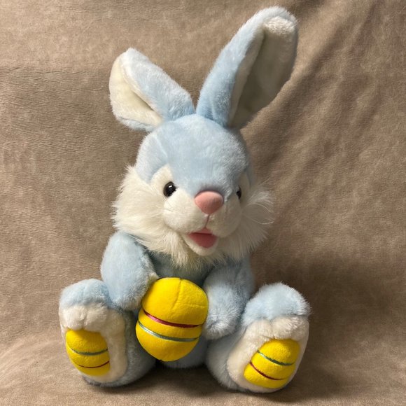 VINTAGE BETA TOYS BLUE BUNNY RABBIT YELLOW EASTER EGG STUFFED ANIMAL PLUSH TOY - Picture 1 of 6